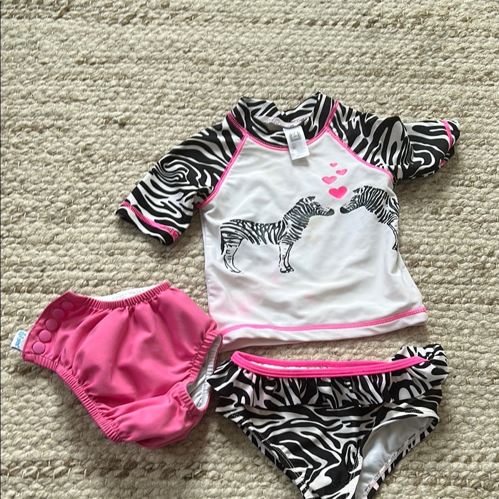 Carter's Pink and Black Rashguard Swim Set with Zebra Print 24months/2T